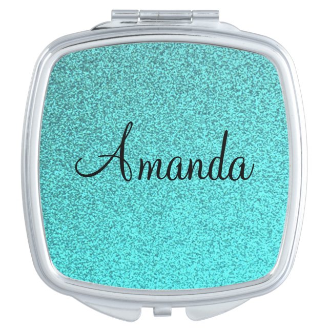 Customizable teal sparkly glitter compact mirror (Front)