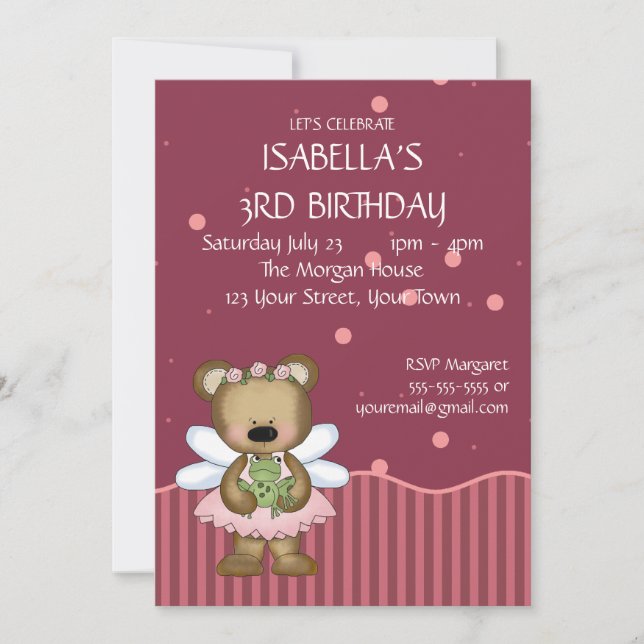 Customizable Teddy Bear Pink Fairy Princess Invitation (Front)