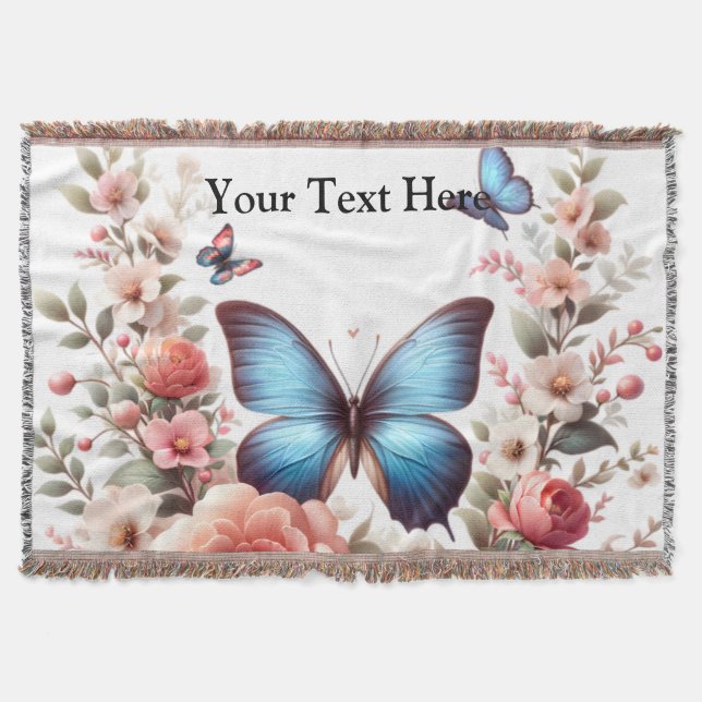 Customizable Text Blue Butterfly Floral Art-96279 Throw Blanket (Front)