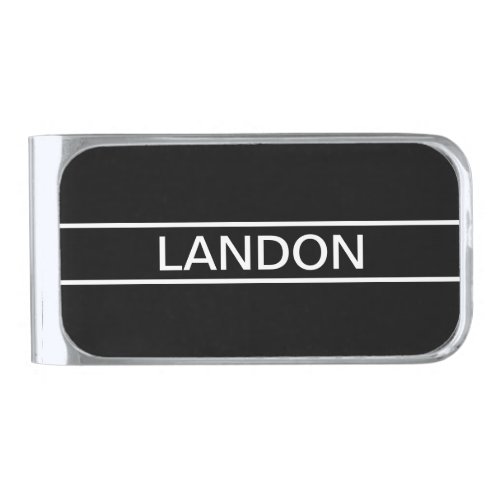 Customizable Text  Bold Modern Black  White Silver Finish Money Clip