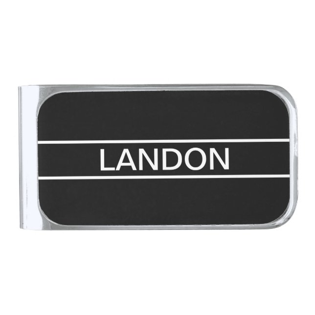 Customizable Text | Bold Modern Black & White Silver Finish Money Clip (Front)