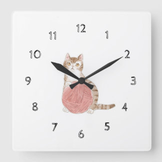 Customizable Text Cat and Ball of Yarn by Siori.K  Square Wall Clock