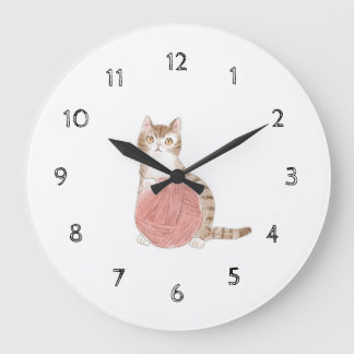 Customizable Text Cat and Yarn Ball by Siori.K Acr Large Clock
