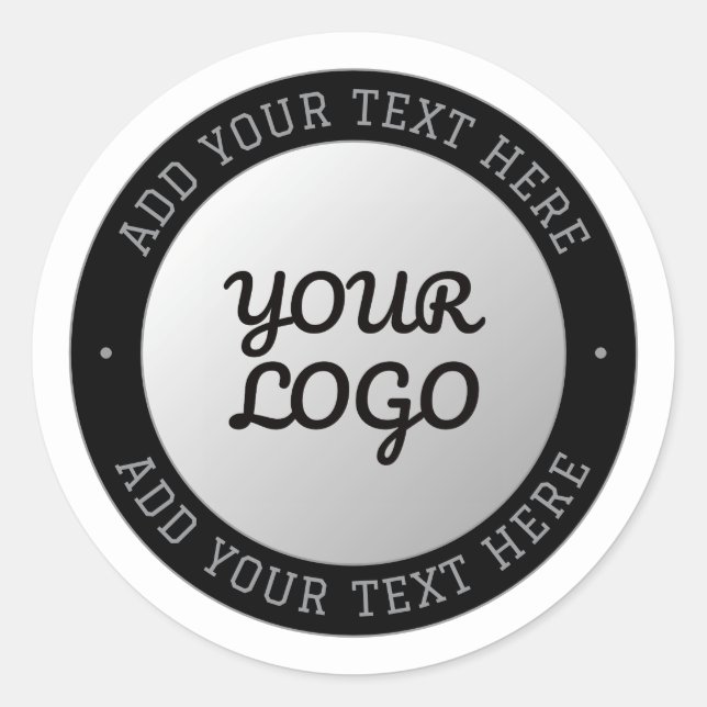 Customizable Text & Your Logo | Gray Gradient Classic Round Sticker (Front)