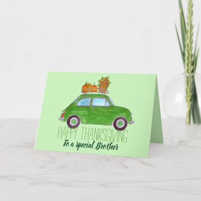Customizable Thanksgiving green Retro Fiat 500 Card (Front)