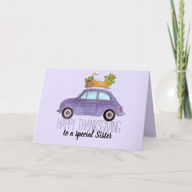 customizable Thanksgiving Purple Retro Fiat 500 Card (Front)