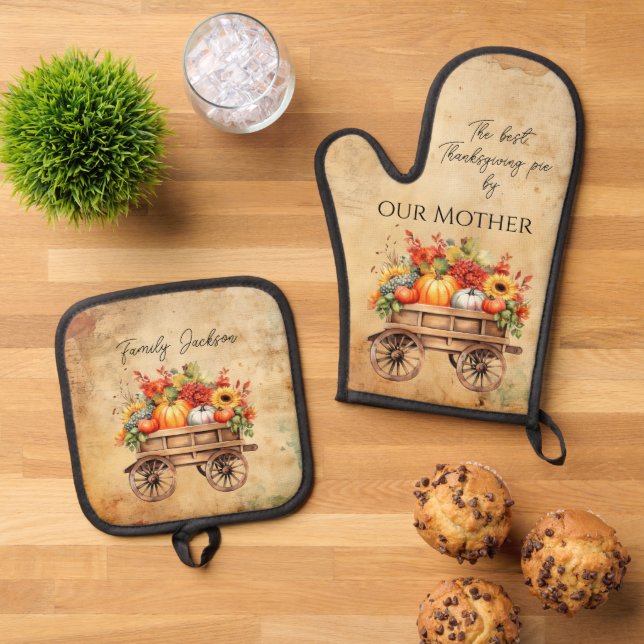 Customizable Thanksgiving rustic Oven Mitt & Pot Holder Set (Top Down)