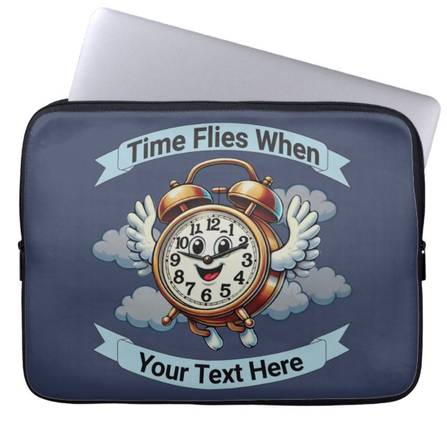Customizable "Time Flies When" Flying Clock Laptop Sleeve (Front)