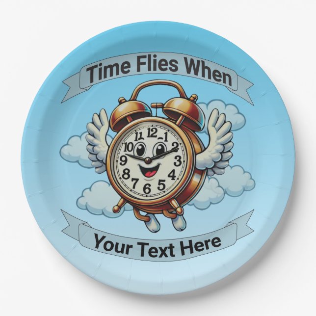 Customizable "Time Flies When" Flying Clock Paper Plates (Front)