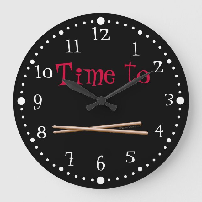 Customizable Time to Drum Drumsticks Black White Large Clock (Front)