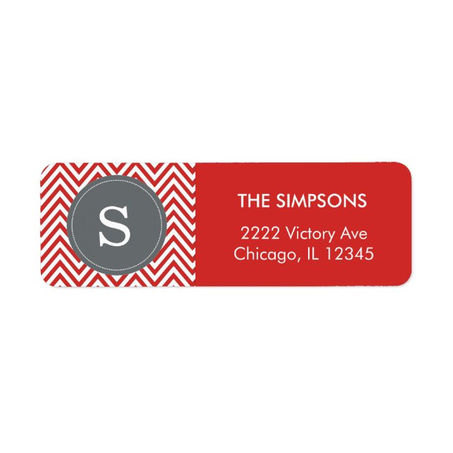 Customizable Tomato Red White Zigzag Gray Monogram Label (Front)