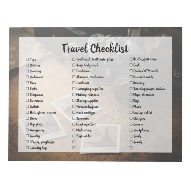 Customizable Travel Packing List Checklist Notepad (Front)