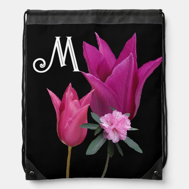 Customizable trendy hot pink purple flowers funky drawstring bag (Front)