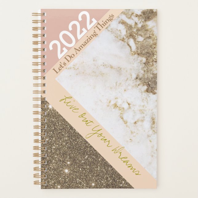 Customizable Trendy Rose Gold Pink Faux Marble Planner (Front)