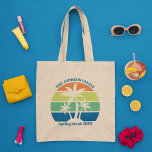 Customizable Tropical Beach Palm Trees Family Trip Tote Bag<br><div class="desc">These cool personalized tropical beach sunset tote bags feature 3 palm trees silhouetted against an orange and blue sky accented with yellow and green at the coast. Customize for great family trip keepsake gifts for your coastal getaway this spring break or summer or ocean cruise vacation.</div>