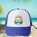 Customizable Tropical Island Trip Palm Trees Trucker Hat<br><div class="desc">These cool personalized tropical beach sunset hats feature 3 palm trees silhouetted against an orange and blue sky accented with yellow and green at the coast. Customize for a great family trip keepsake trucker hat for your coastal getaway this spring break or summer or ocean cruise vacation.</div>