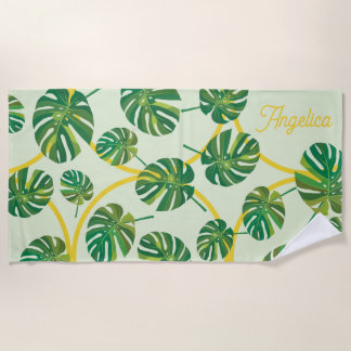 Customizable Tropical Leaf and Gold Beach Towel
