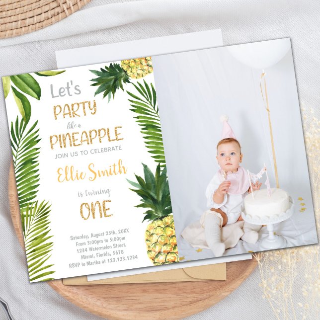 Customizable Tropical Party Invitations for Kids (First Pineapple Birthday Invitations with photo)