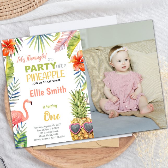 Customizable Tropical Party Invitations for Kids (Photo Flamingo & Pineapple Birthday Invitations)