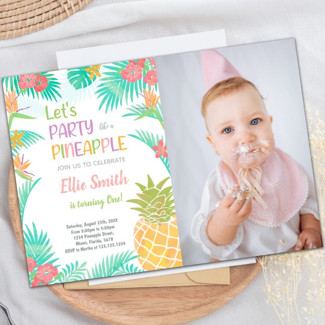 Customizable Tropical Party Invitations for Kids (Pineapple Invitations with photo)