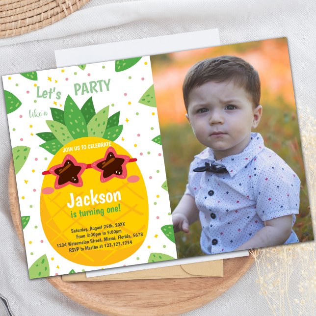 Customizable Tropical Party Invitations for Kids (Orange Pineapple Birthday Invitations w photo)