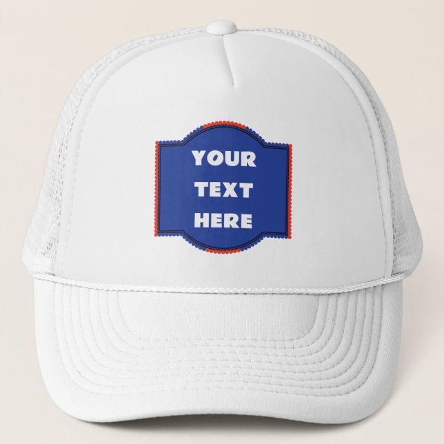 Customizable Trucker Hat with Bold Blue Text Badge (Front)