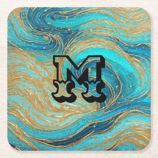 Customizable Turquoise Blue Gold swirls Coasters (Front)