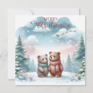 Customizable Two Cute Bears in the Forest on Xmas Holiday Card