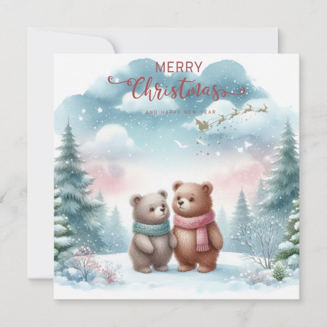 Customizable Two Cute Bears in the Forest on Xmas Holiday Card (Front)