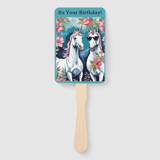 Customizable Two Funny Unicorns With Pink Flowers Hand Fan (Front)