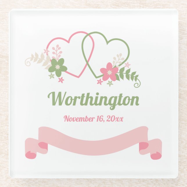 Customizable Two Linked Hearts Love Design  Glass Coaster (Front)