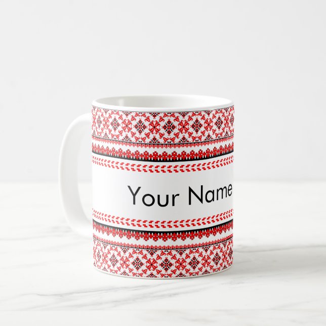 Customizable Ukrainian Embroidery Red Coffee Mug (Front Left)