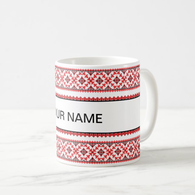 Customizable Ukrainian Embroidery Red Coffee Mug (Front Right)