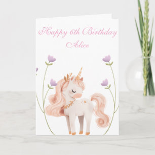 Customizable Unicorn with Flowers 6th Birthday Card