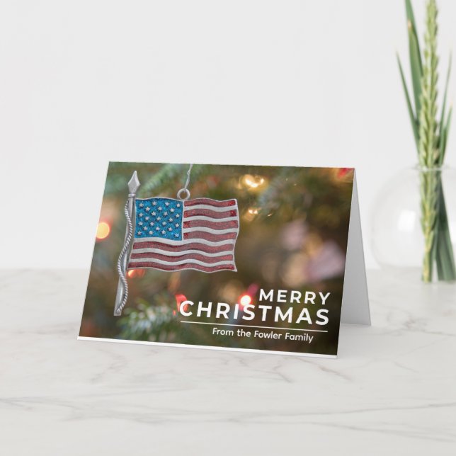 Customizable US Flag Ornament Christmas Card  (Front)