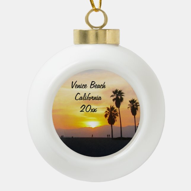 Customizable Venice Beach California Sunset Xmas Ceramic Ball Christmas Ornament (Front)