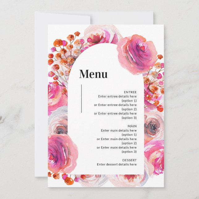 Customizable Vibrant Floral Arch Wedding Menu Card (Front)