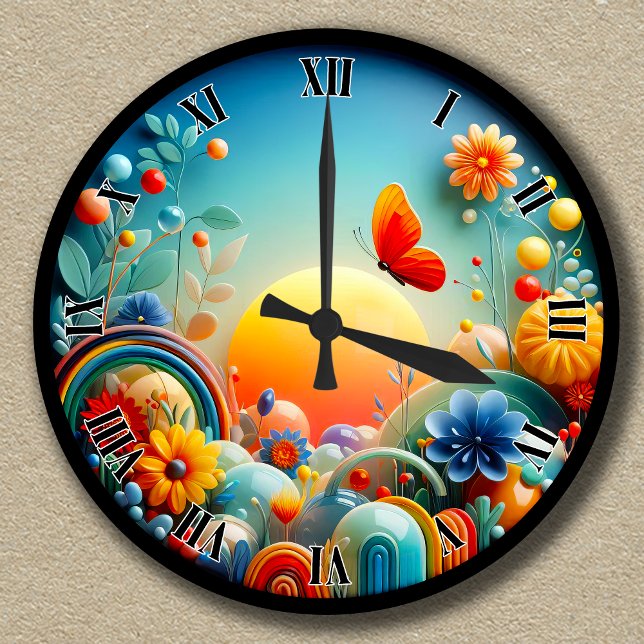 Customizable Vibrant Sunrise Butterfly Abstract Round Clock (Creator Uploaded)