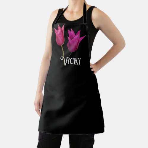 Customizable Vicky name monogram pink tulip flower Apron