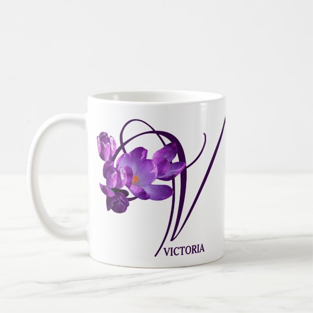 Customizable Victoria name floral purple crocus  Coffee Mug (Left)