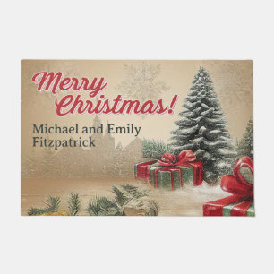 Customizable Vintage Christmas Tree Holiday Scene Doormat