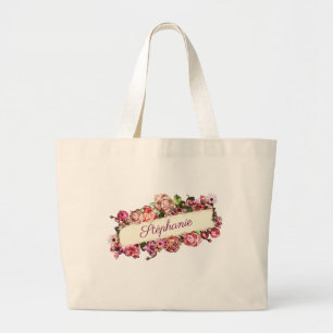 Customizable Vintage Cute Girly Floral Bridesmaid Large Tote Bag