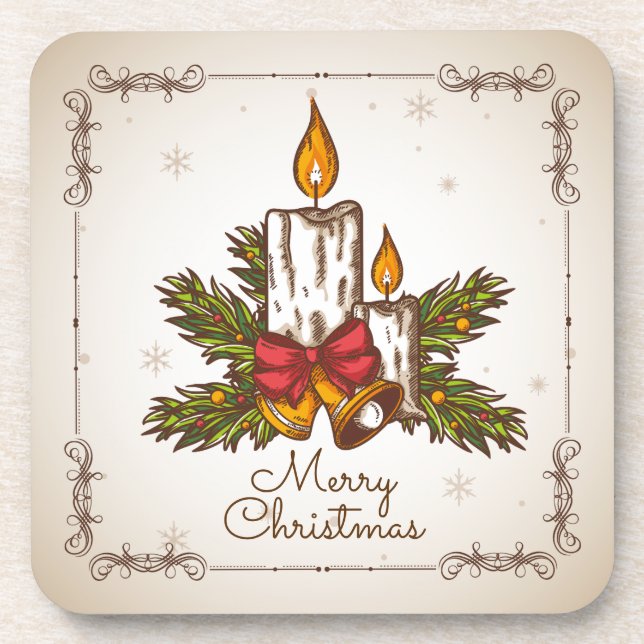 Customizable Vintage Family Christmas Candle Beverage Coaster (Front)