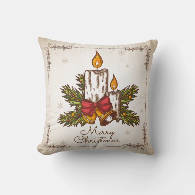 Customizable Vintage Family Christmas Candle Throw Pillow (Front)