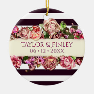 Customizable Vintage Modern Floral Striped Wedding Ceramic Ornament