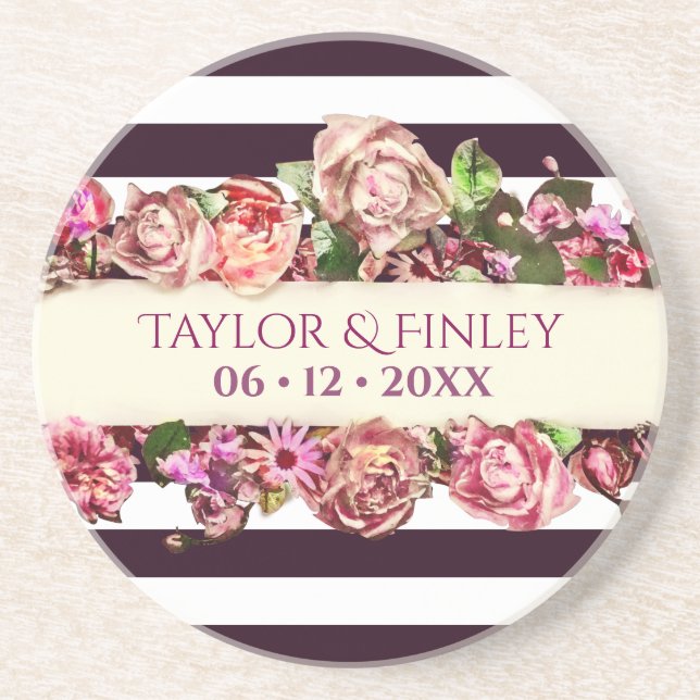 Customizable Vintage Modern Floral Striped Wedding Coaster (Front)