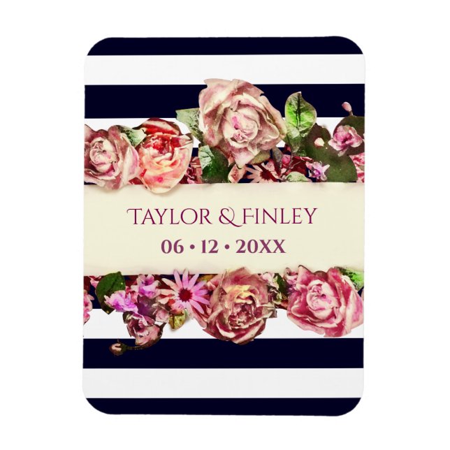 Customizable Vintage Modern Floral Striped Wedding Magnet (Vertical)