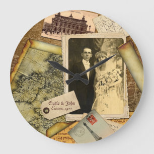 Customizable Vintage Paper Frame Photo Collage Large Clock