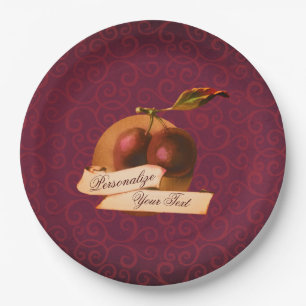 Customizable Vintage Plums Burgundy Damask Pattern Paper Plates