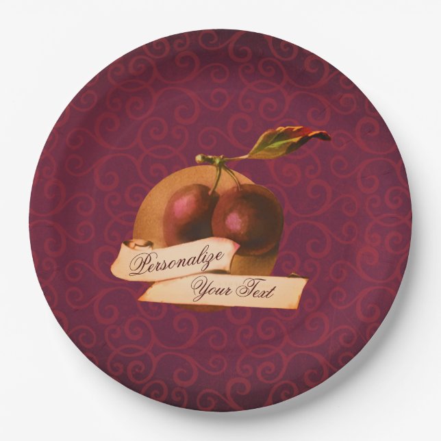 Customizable Vintage Plums Burgundy Damask Pattern Paper Plates (Front)
